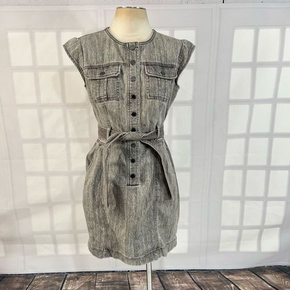 WHBM Women's Snap Button Front Gray Acid Wash Belted Denim Mini Dress Size 00 - Picture 1 of 10